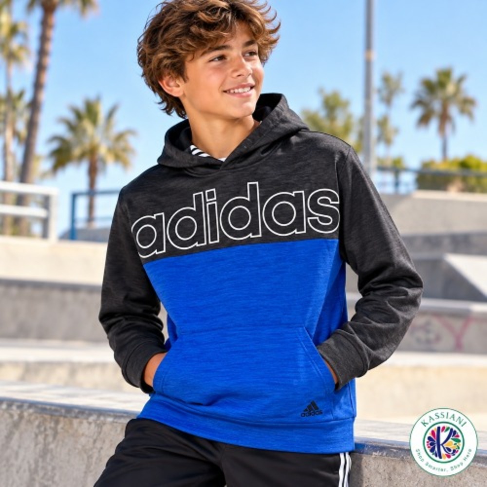Adidas Big Boys Colorblock Fleece Pullover Hoodie Blue Heather Size L (14-16)